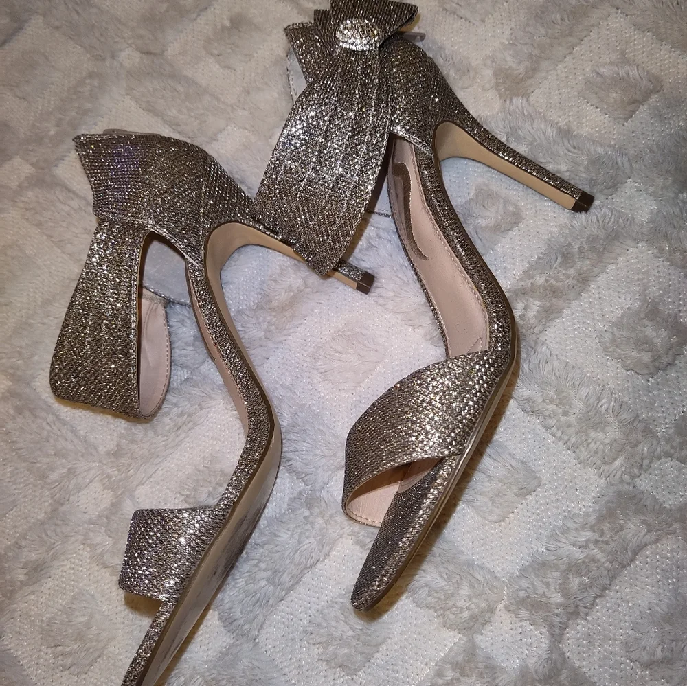 Size 8 Latte Glam Bling Sparkly Metallic Open Toe High Heels Nina Prom Wedding - Picture 6 of 8